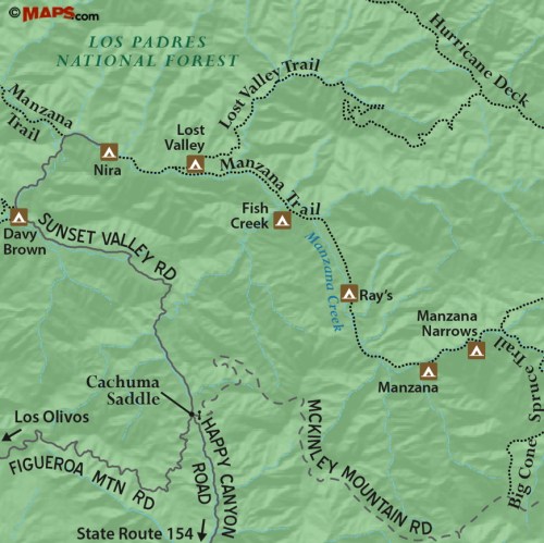 Manzana Creek Trail map San Rafael Wilderness Los Padres National Forest Ray's Fish Camp Nira Lost Valley Hurricane Deck