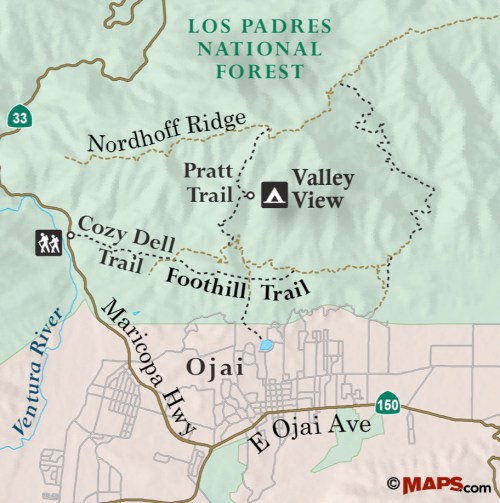 map Cozy Dell trail hike Ojai Los Padres national Forest