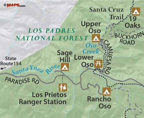 Lower Oso Campground Los Padres National Forest Rancho Upper Santa Cruz trail hike Barbara map