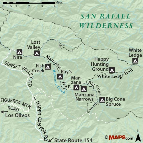 map los padres national forest manzana creek trail san rafael wilderness lost valley nira big cone spruce white ledge ray's camp narrows fish