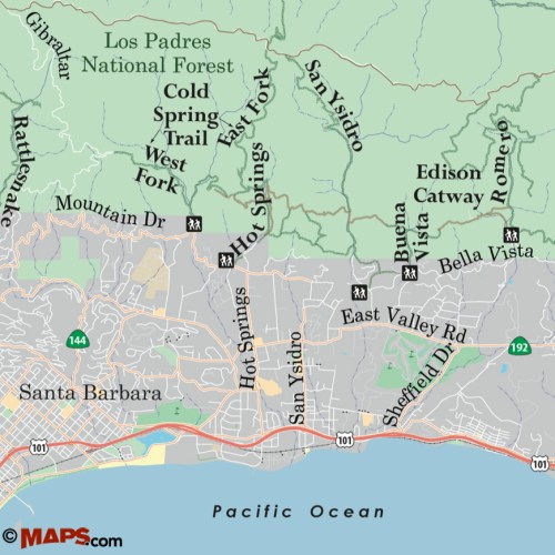 map Santa Barbara hike trail Cold Spring Hot Springs San Ysidro Buena Vista Romero Canyon Catway Gibraltar Road West Fork