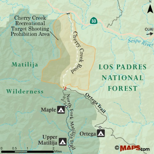 Cherry Creek Map recreation shooting prohibition area Matilija upper north fork maple road hike trail camp wilderness Los Padres National Forest Ojai