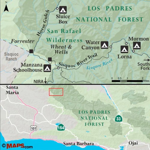 Sisquoc River Trail map Forrester homestead Wheat Wells Manzana Schoolhouse Water Canyon Lorna Mormon San Rafael Wilderness Los Padres National Forest