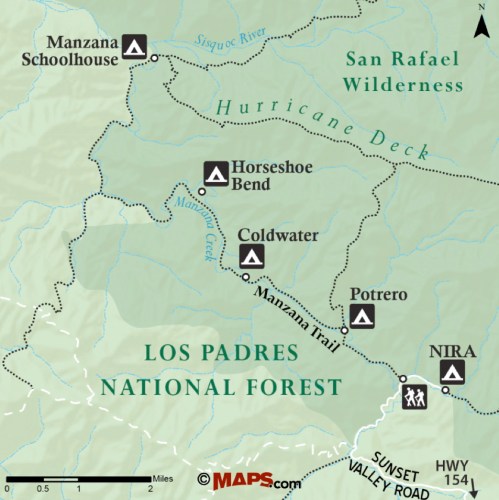 Manzana Schoolhouse Camp Map Horseshoe Bend Potrero trail hike Coldwater Nira San Rafael Wilderness Los Padres National Forest