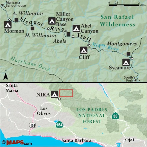 Sisquoc River Trail hike Map Mormon Wellman Willmann homestead Able Abel Cliff Sycamore Montgomery Miller Canyon Base Los Padres National Forest San Rafael Wilderness