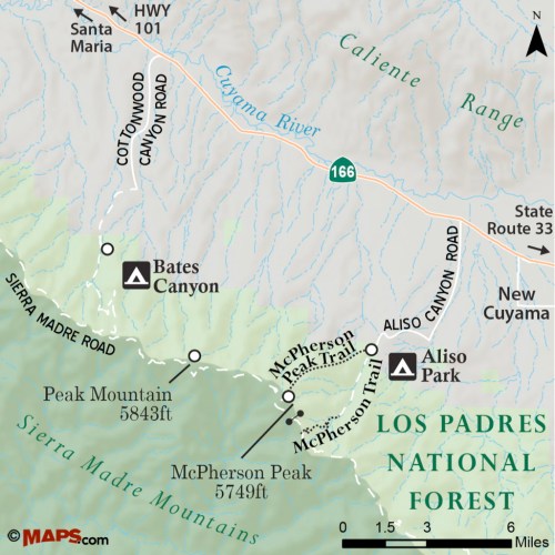 Map McPherson Peak Trail Aliso Canyon Park Sierra Madres Mountains San Rafael Wilderness Los Padres national forest