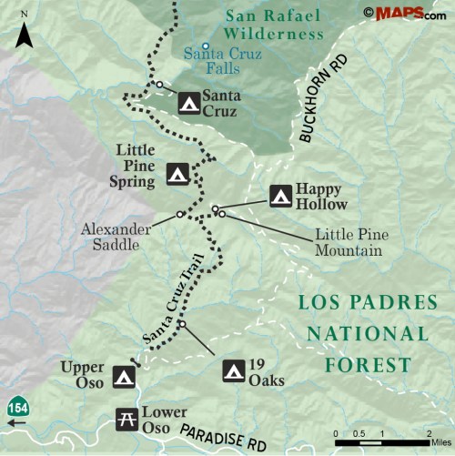 Map Santa Cruz Trail falls Little Pine Spring Happy Hollow 19 Oaks Upper Oso San Rafael Wilderness Los Padres National Forest