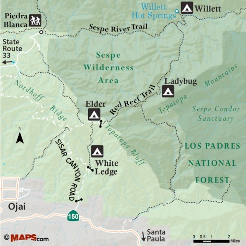 Map Sisar Canyon Red Reef Trail White Ledge Lady Bug Sespe Wilderness area topatopa Los padres national forest ojai