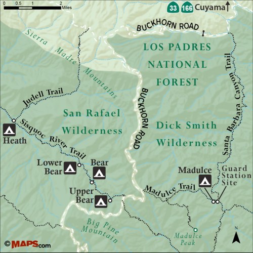Map Madulce Guard Station Bear Camp Upper Sisquoc River Trail Santa Barbara Canyon Trail Dick Smith Wilderness San Rafael Los Padres National Forest