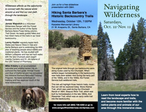 Wilderness Navigation backpacking nature connection trails skills class workshop Santa barbara los padres national forest Mike Kresky Lanny Kaufer Edible Medicinal Plants animal tracking