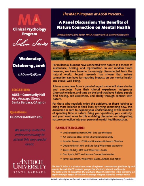 Benefits of Nature Connection on Mental Health Antioch University Linda Buzzell Saltzman Art Cisneros Jennifer Ferraez Doyle Hollister Alexis Slutzky Dan Spach