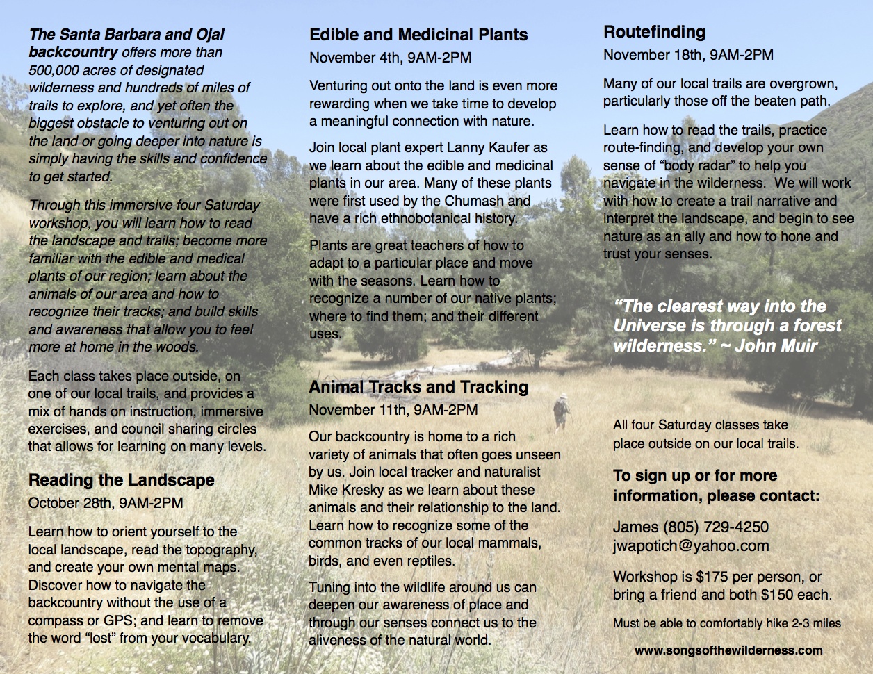 Navigating Wilderness skills class map reading route finding edible and medicinal plants tracks tracking hiking backpacking Mike Kresky Lanny Kaufer