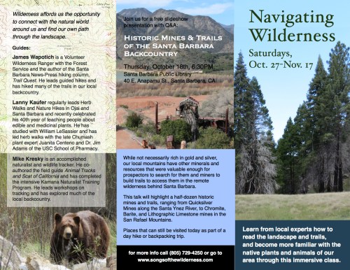 Navigating Wilderness skills class map reading route finding edible and medicinal plants tracks tracking hiking backpacking Mike Kresky Lanny Kaufer