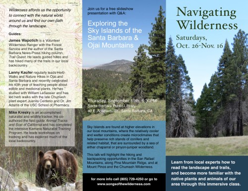 navigating wilderness animal tracks and tracking mike kresky edible and medicinal plants lanny kaufer herb walk routefinding map reading trails hiking backpacking nature skills awareness santa barbara los padres national forest